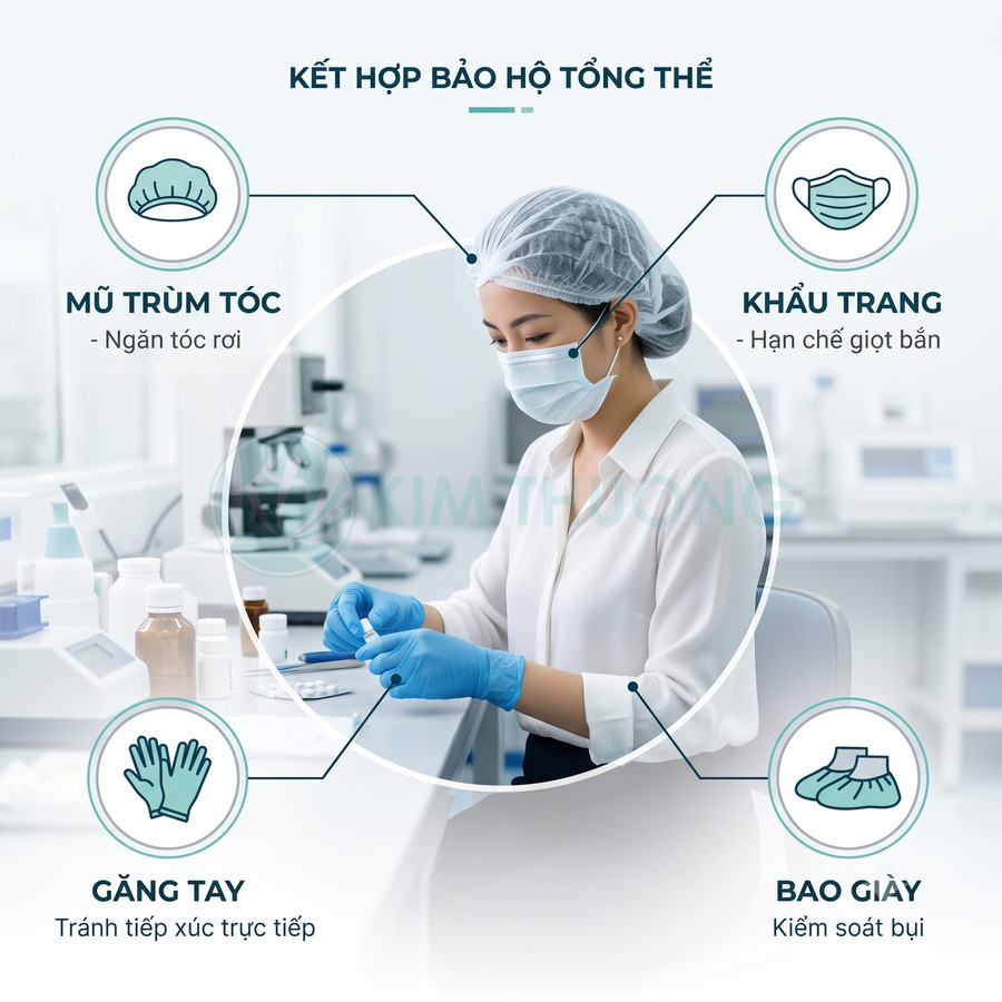 Nhân viên phòng thí nghiệm đeo mũ trùm tóc, khẩu trang y tế, găng tay và bao giày khi thao tác mẫu