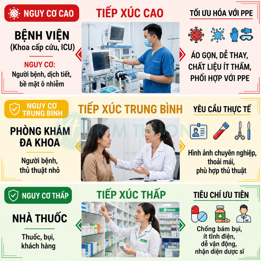 Infographic phân loại mức độ nguy cơ tiếp xúc trong bệnh viện, phòng khám, nhà thuốc và tiêu chí chọn trang phục y tế