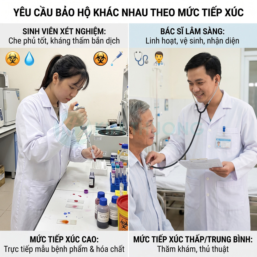 Nhân viên y tế mặc áo blouse trắng làm xét nghiệm và khám bệnh cho bệnh nhân trong bệnh viện