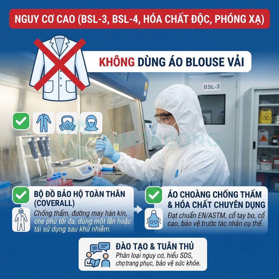 Nhân viên phòng thí nghiệm BSL 3 mặc đồ bảo hộ toàn thân và khẩu trang làm việc với mẫu xét nghiệm