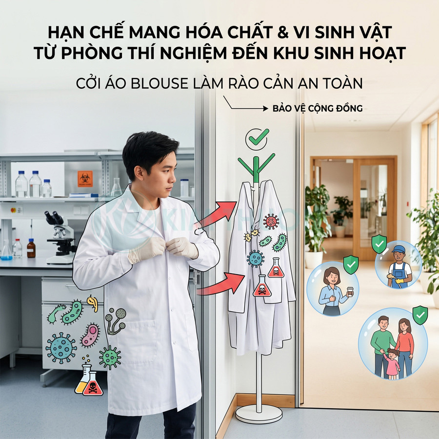 Nhân viên phòng thí nghiệm cởi áo blouse trước khi ra ngoài để hạn chế mang hóa chất và vi sinh vật ra khu sinh hoạt