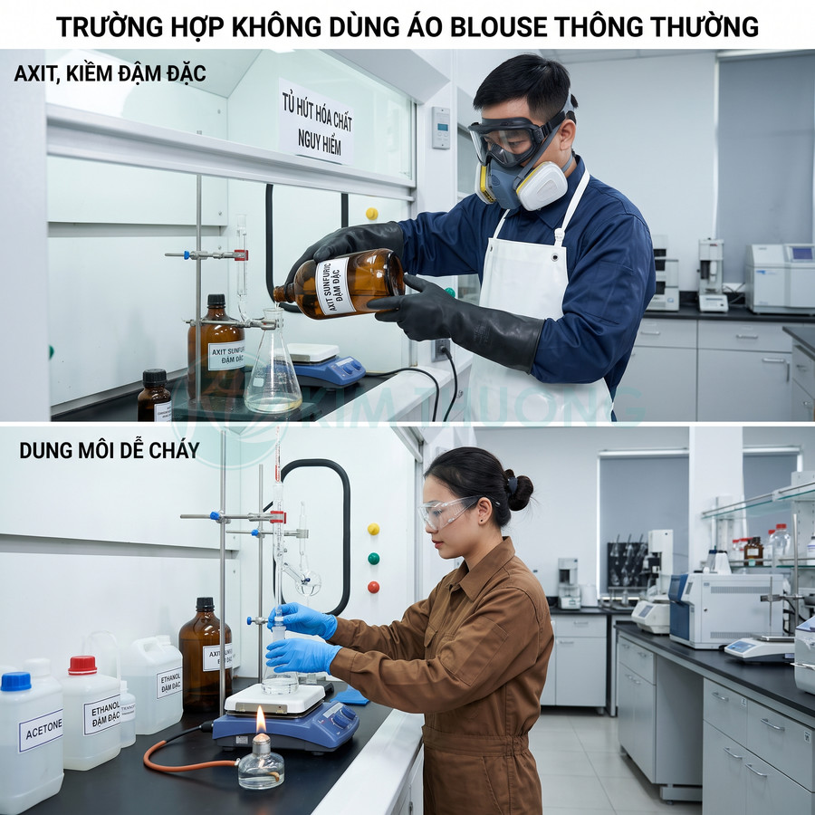 Nhân viên phòng thí nghiệm mặc đồ bảo hộ toàn thân thao tác với hóa chất ăn mòn và dung môi dễ cháy