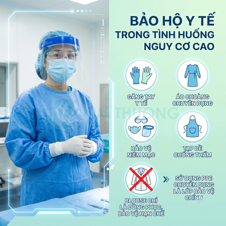 Nhân viên y tế mặc đồ bảo hộ y tế đầy đủ với khẩu trang, kính chắn giọt bắn và găng tay trong phòng khám