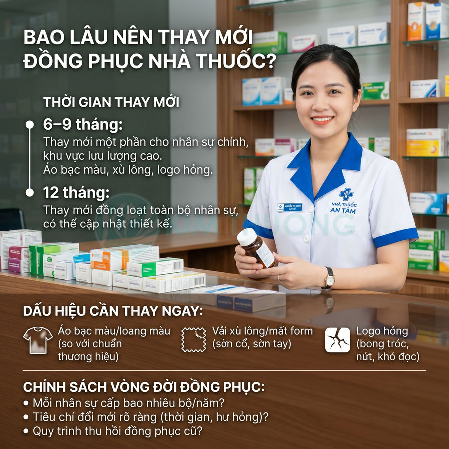 Nhân viên nhà thuốc An Tâm mặc đồng phục trắng xanh tư vấn thuốc cho khách tại quầy trưng bày dược phẩm