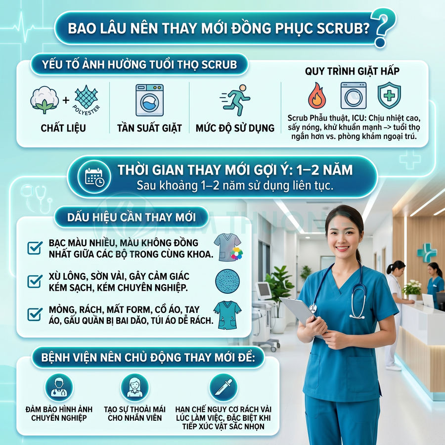 Nữ y tá mặc đồng phục scrub màu xanh dương đứng trong bệnh viện hiện đại, cầm hồ sơ bệnh án