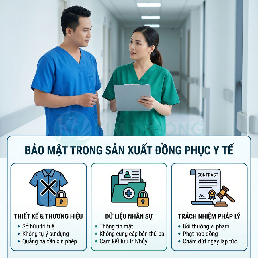 Nhân viên y tế mặc đồng phục bệnh viện trao đổi tài liệu, minh họa cam kết bảo mật trong sản xuất đồng phục y tế