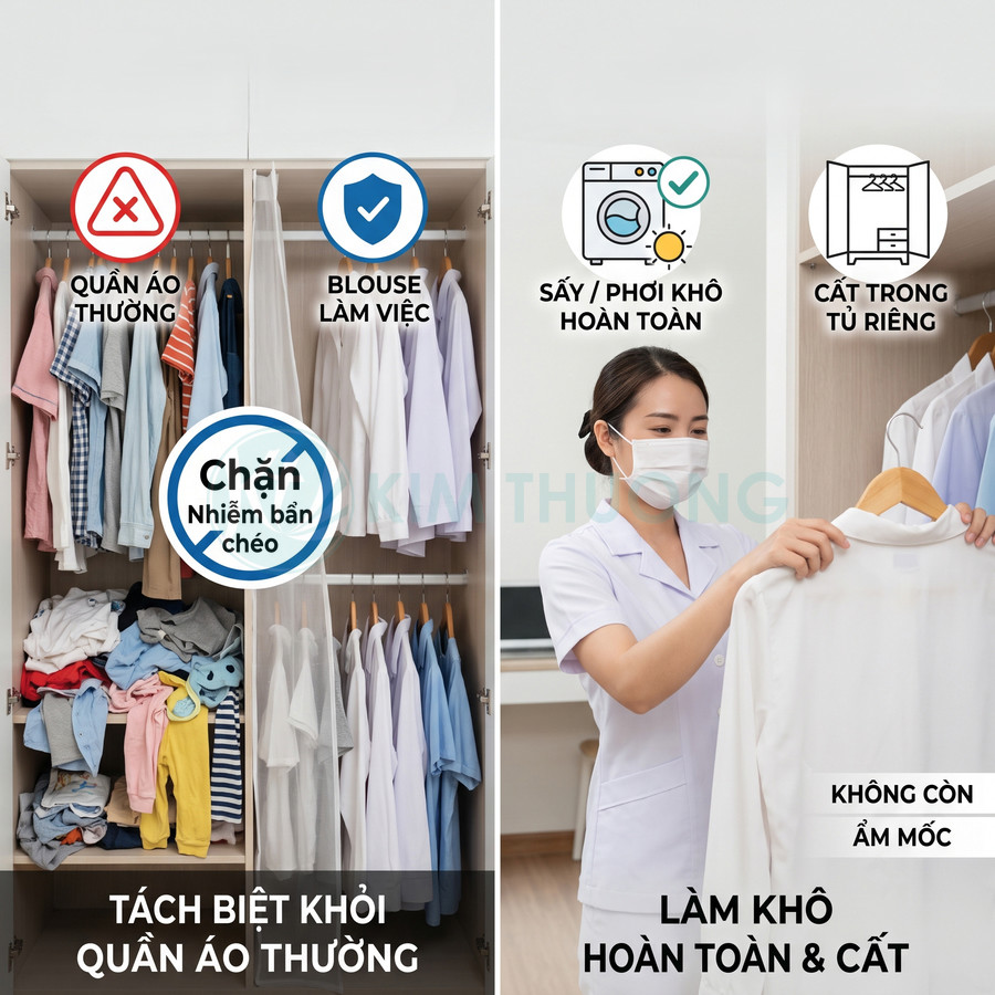 Nhân viên y tế treo áo blouse trắng đã được sấy khô riêng, tách biệt khỏi quần áo thường trong tủ áo