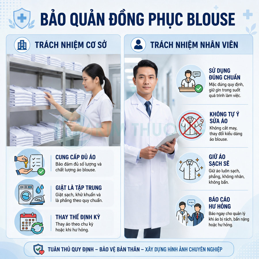 Hướng dẫn bảo quản đồng phục blouse với nhân viên y tế mặc áo blouse trắng trong bệnh viện
