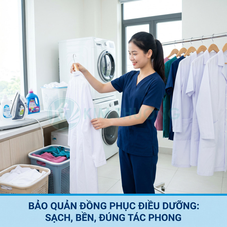 Điều dưỡng gấp treo áo blouse trắng trong phòng giặt, đồng phục điều dưỡng sạch sẽ gọn gàng