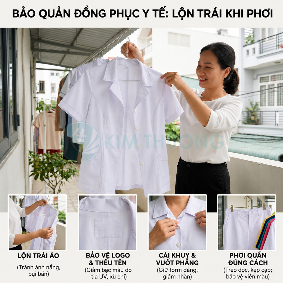 Người phụ nữ phơi áo blouse đồng phục y tế màu trắng trên ban công, hướng dẫn bảo quản quần áo y khoa