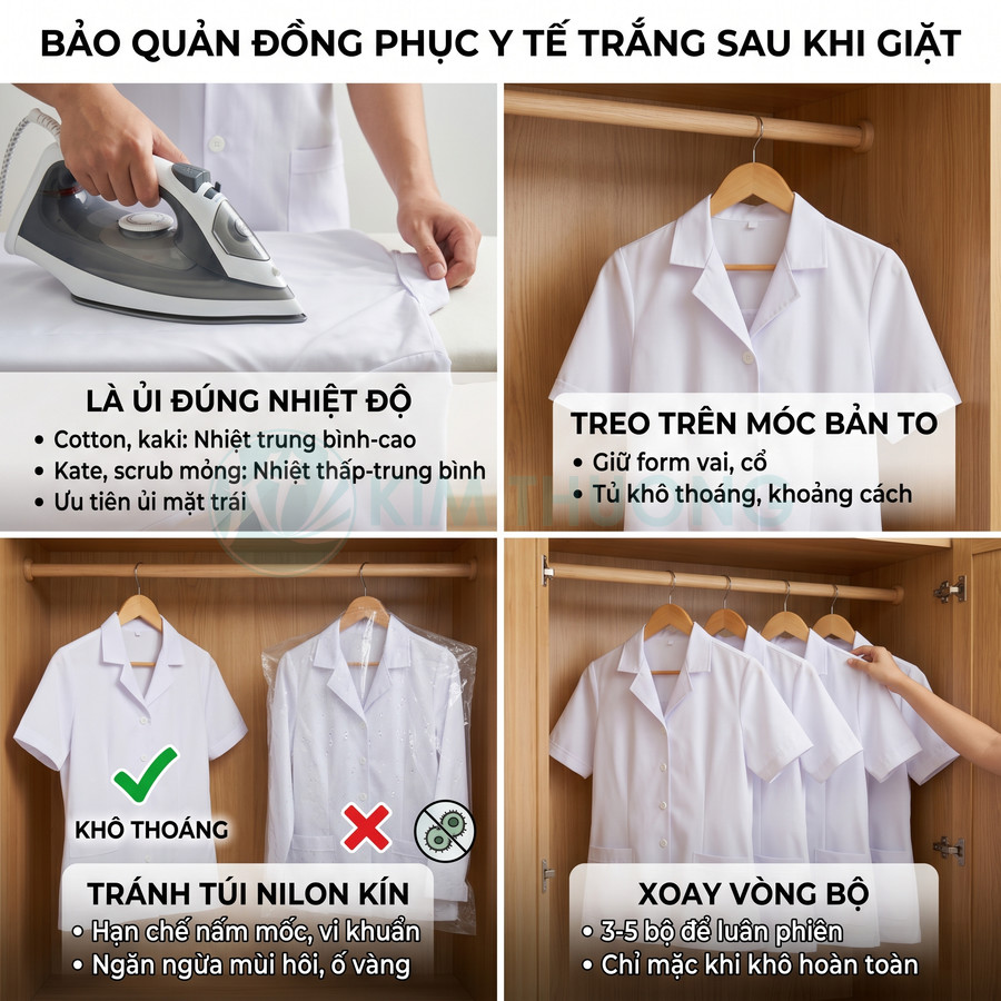 Hướng dẫn bảo quản áo đồng phục y tế trắng sau khi giặt, là ủi và treo trên móc gỗ trong tủ quần áo