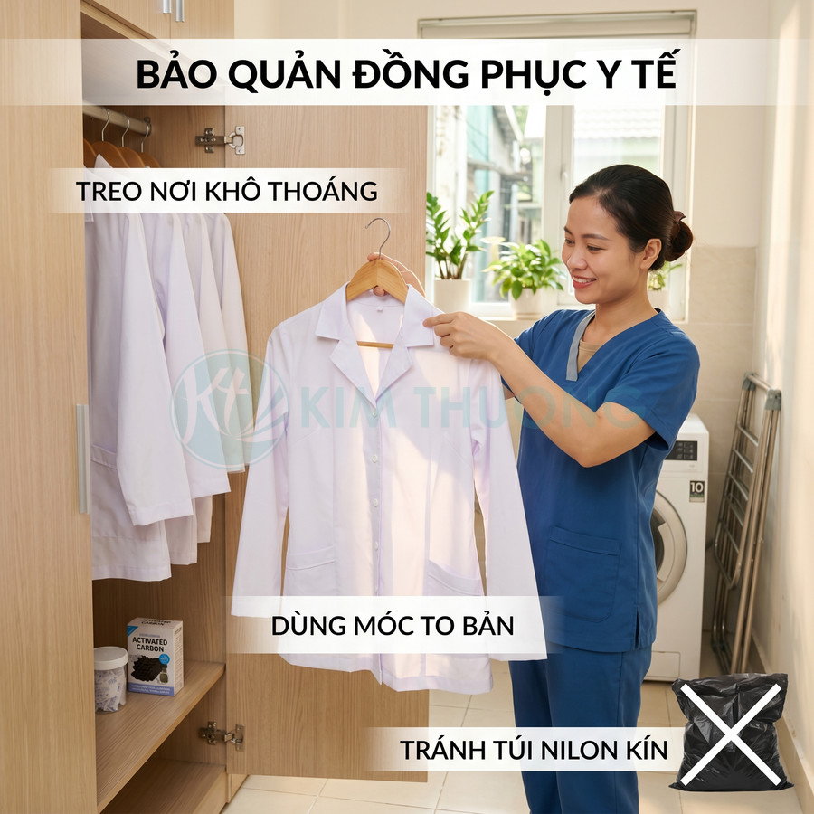 Nhân viên y tế treo áo blouse trắng trên móc gỗ trong tủ để bảo quản đồng phục sạch sẽ