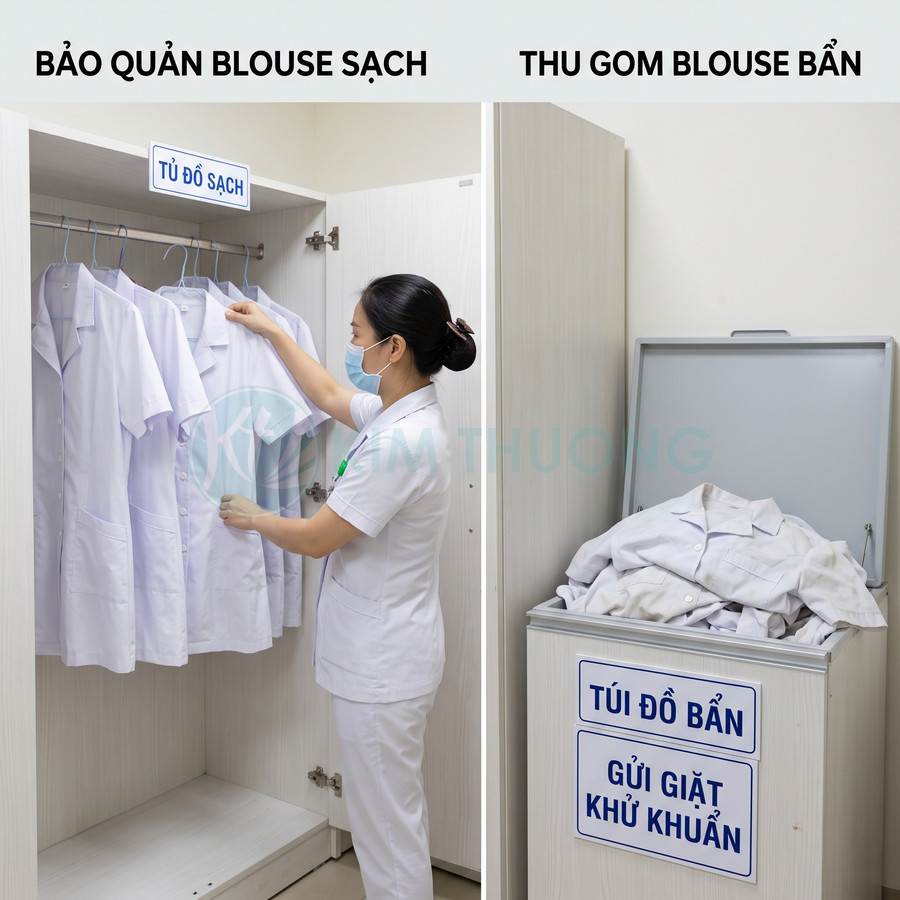 Nhân viên y tế treo áo blouse sạch trong tủ và thùng thu gom áo blouse bẩn gửi giặt khử khuẩn