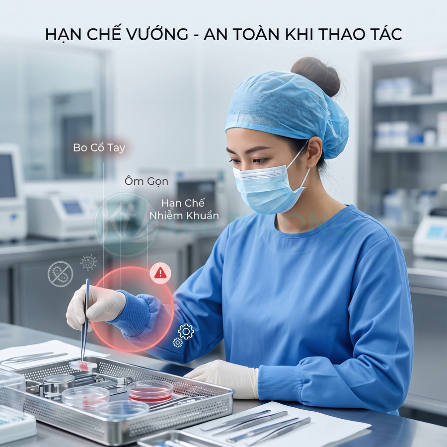 Nhân viên y tế đeo khẩu trang găng tay sử dụng áo choàng phòng sạch khi thao tác dụng cụ trong phòng thí nghiệm
