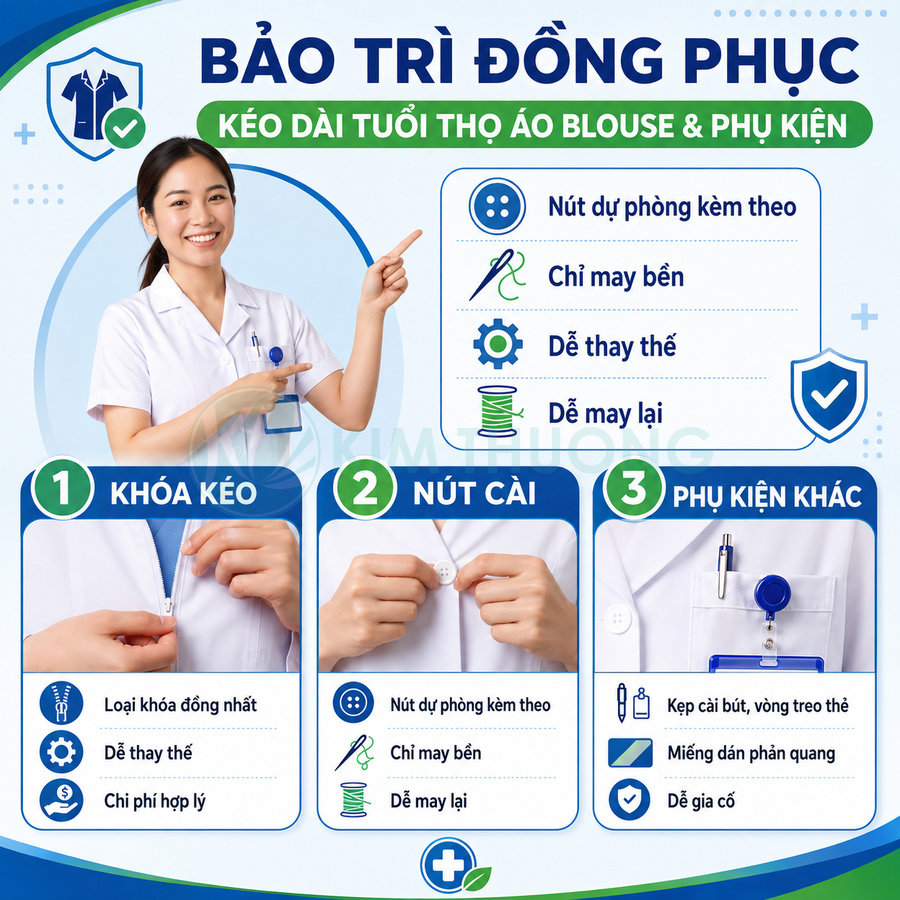 Hướng dẫn bảo trì áo blouse y tế và phụ kiện với khóa kéo, nút cài, kẹp bút và thẻ tên