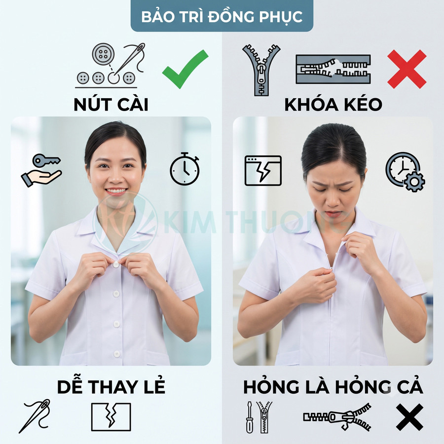 Đồng phục y tá màu trắng so sánh thiết kế nút cài dễ thay với khóa kéo khó sửa hỏng