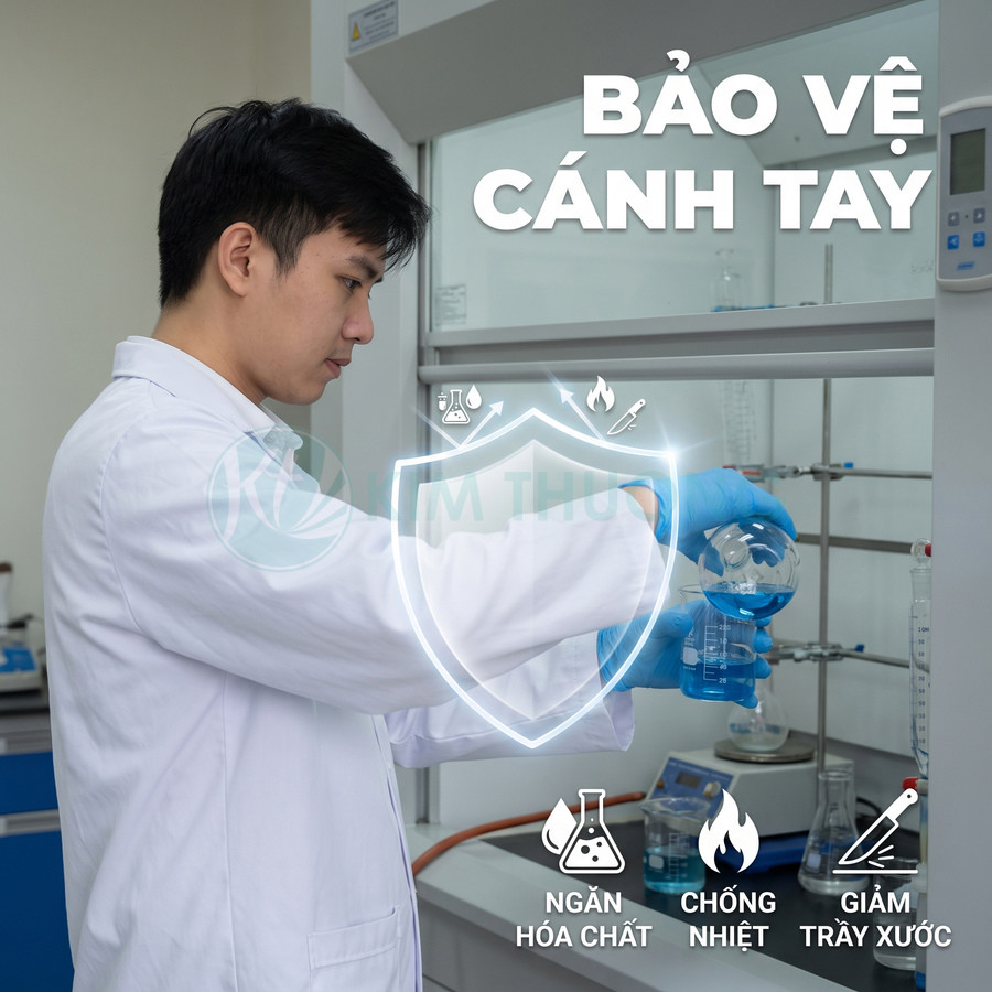 Găng tay bảo hộ phòng thí nghiệm chống hóa chất, chịu nhiệt và giảm trầy xước khi thao tác với dụng cụ thủy tinh.