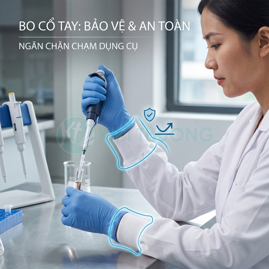 Nhân viên phòng thí nghiệm đeo găng tay xanh và áo bảo hộ bo cổ tay dùng micropipette hút mẫu