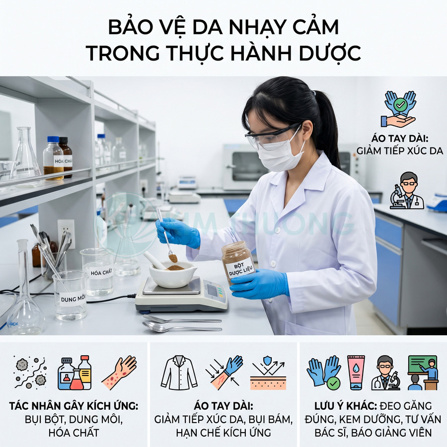Dược sĩ đeo khẩu trang găng tay đang cân bột dược liệu trong phòng thí nghiệm hóa chất