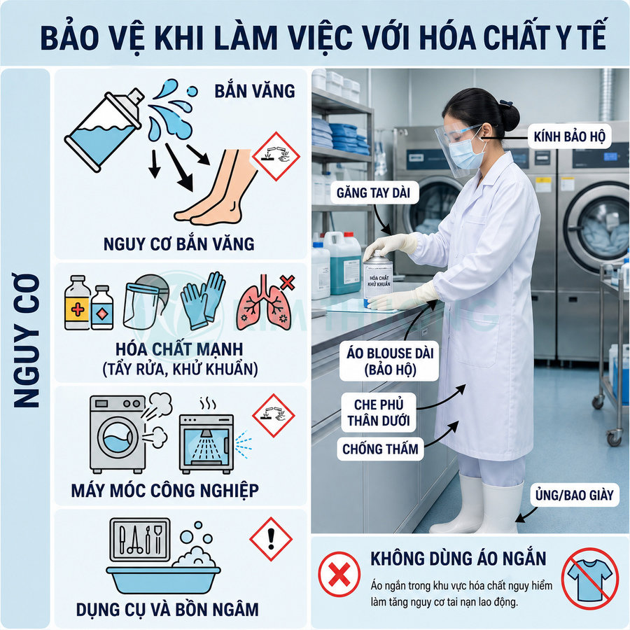 Nhân viên phòng thí nghiệm mặc áo blouse dài, găng tay, kính và ủng bảo hộ khi làm việc với hóa chất y tế