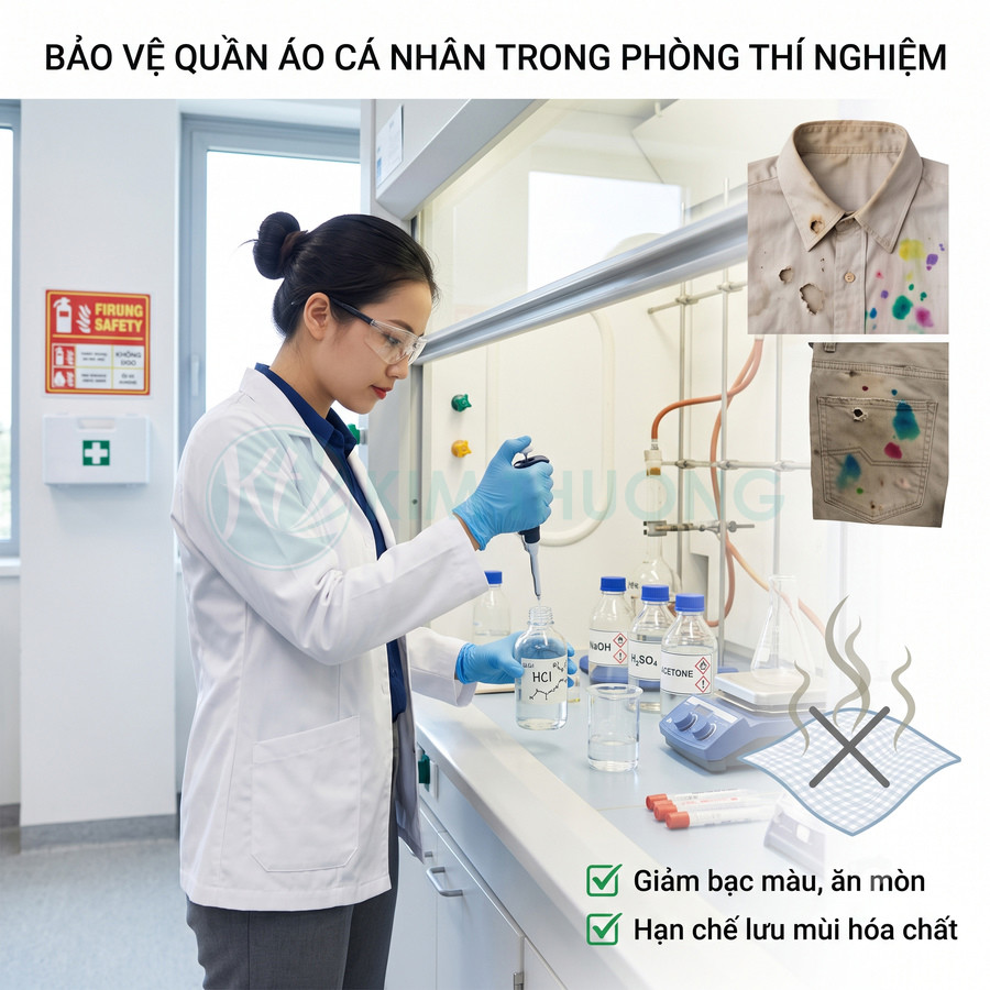 Áo blouse phòng thí nghiệm bảo vệ quần áo khỏi hóa chất, giảm bạc màu ăn mòn và hạn chế lưu mùi hóa chất