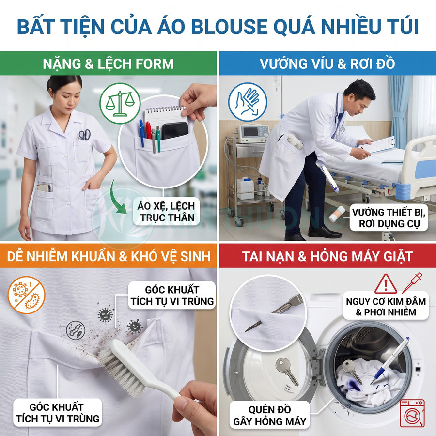 Áo blouse bác sĩ nhiều túi gây lệch form, vướng víu, dễ bẩn, tích tụ vi khuẩn và làm hỏng máy giặt