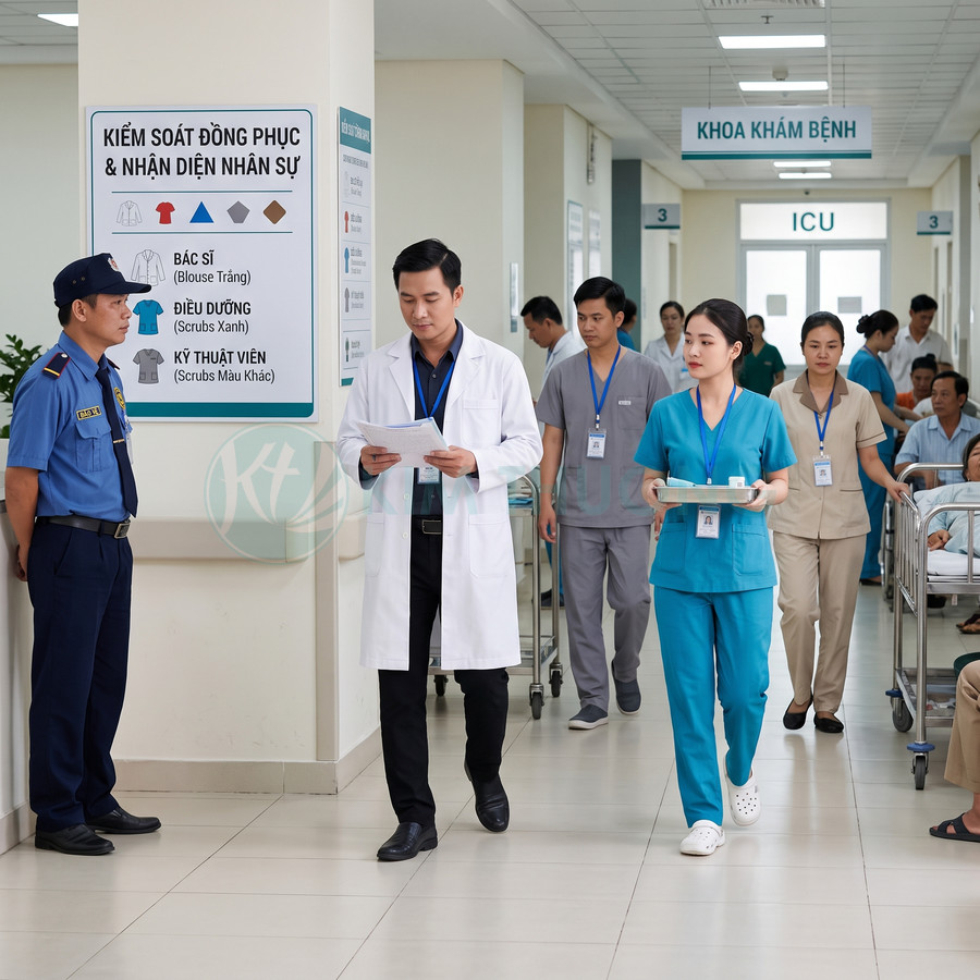 Bác sĩ và điều dưỡng mặc đồng phục y tế đi trong hành lang bệnh viện gần khu ICU