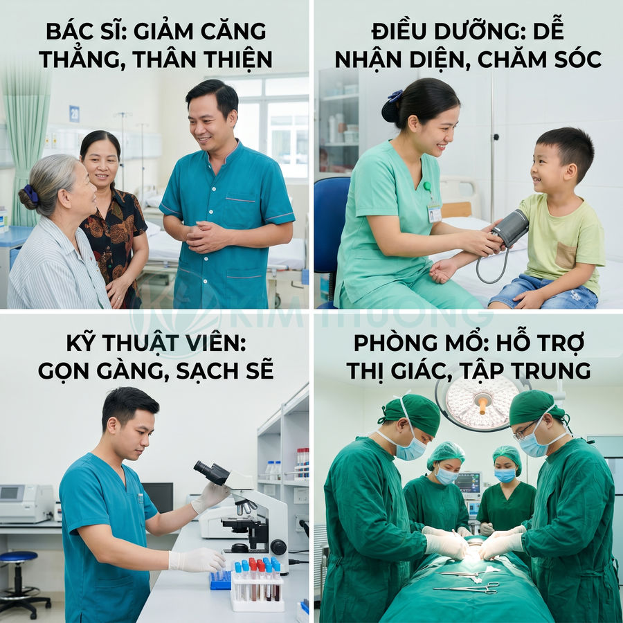 Nhân viên y tế bệnh viện mặc đồng phục xanh chăm sóc bệnh nhân, kỹ thuật viên xét nghiệm và ê kíp phẫu thuật trong phòng mổ