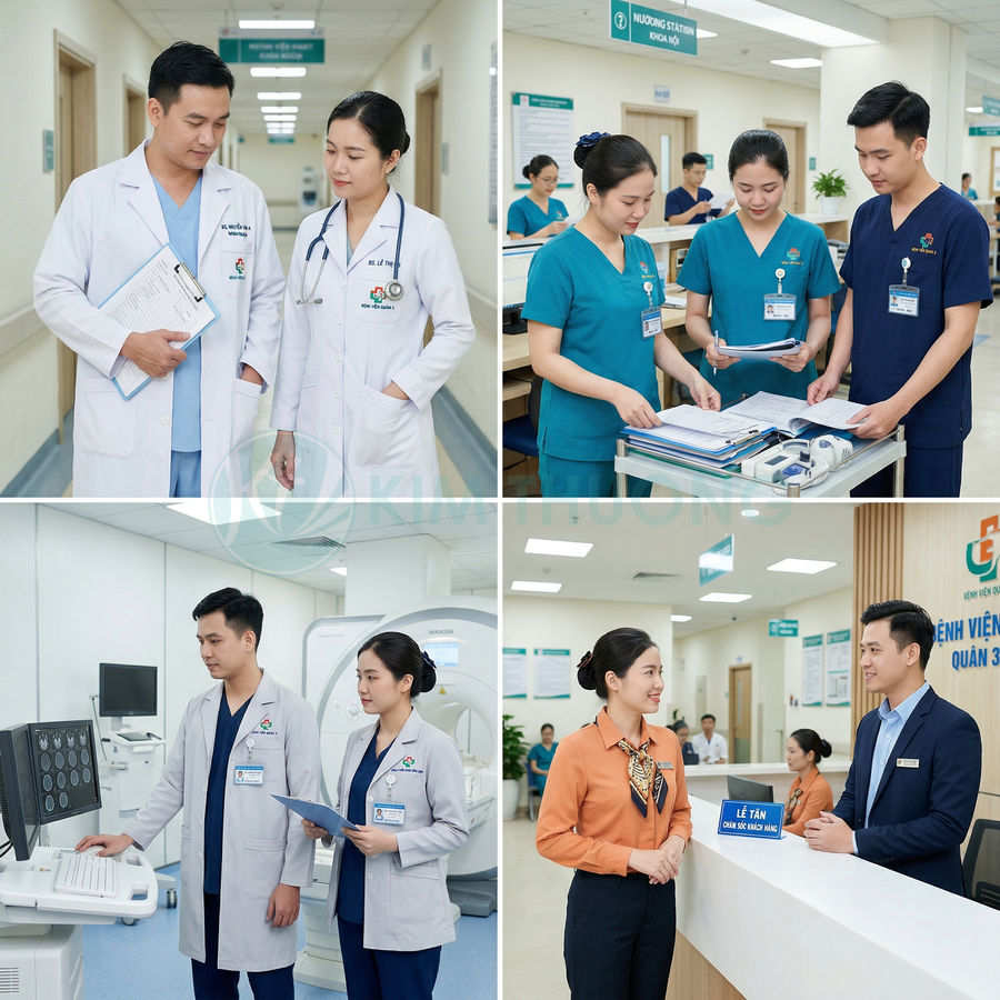 Đội ngũ bác sĩ và nhân viên y tế tư vấn, làm việc trong bệnh viện hiện đại sạch sẽ