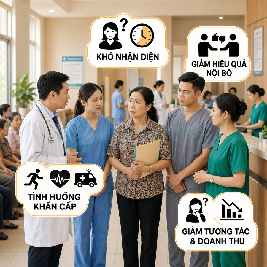 Nhân viên y tế tư vấn cho bệnh nhân tại sảnh bệnh viện với các biểu tượng khó nhận diện và tình huống khẩn cấp
