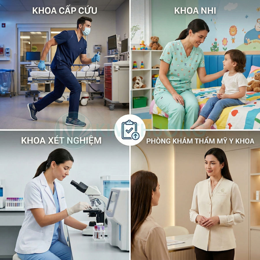 Nhân viên y tế làm việc tại khoa cấp cứu, khoa nhi, khoa xét nghiệm và phòng khám thẩm mỹ y khoa hiện đại