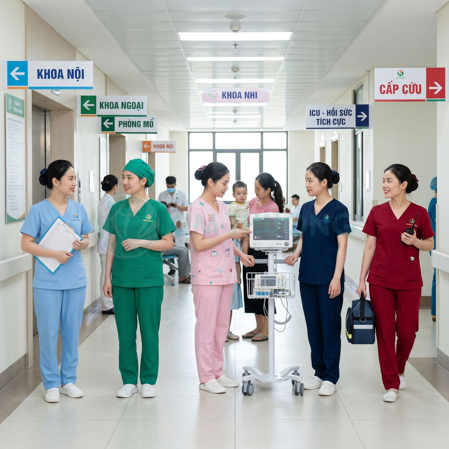 Nhân viên y tế mặc đồng phục nhiều màu trao đổi bên cạnh máy theo dõi bệnh nhân trong hành lang bệnh viện