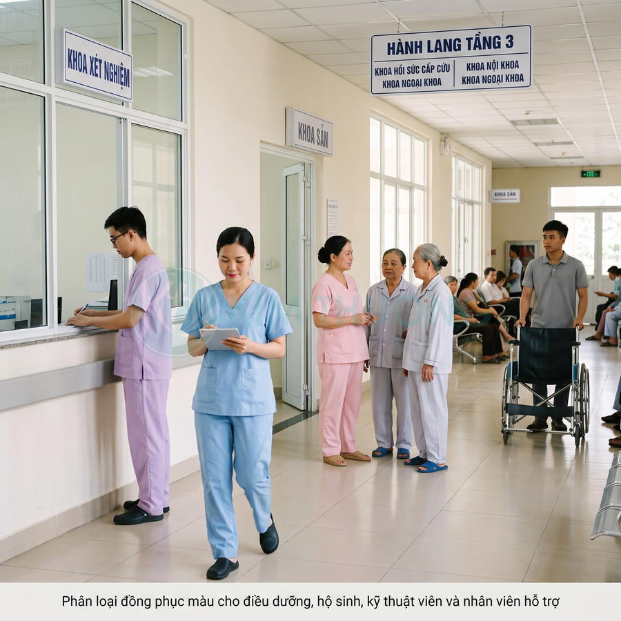 Nhân viên y tế mặc đồng phục màu sắc khác nhau chăm sóc bệnh nhân tại hành lang bệnh viện