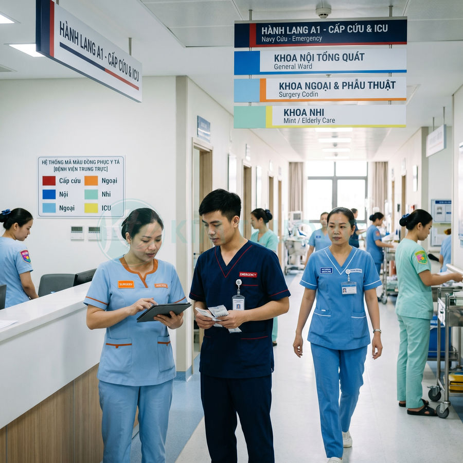 Nhân viên y tế mặc đồng phục bệnh viện làm việc và trao đổi chuyên môn trong hành lang khoa cấp cứu