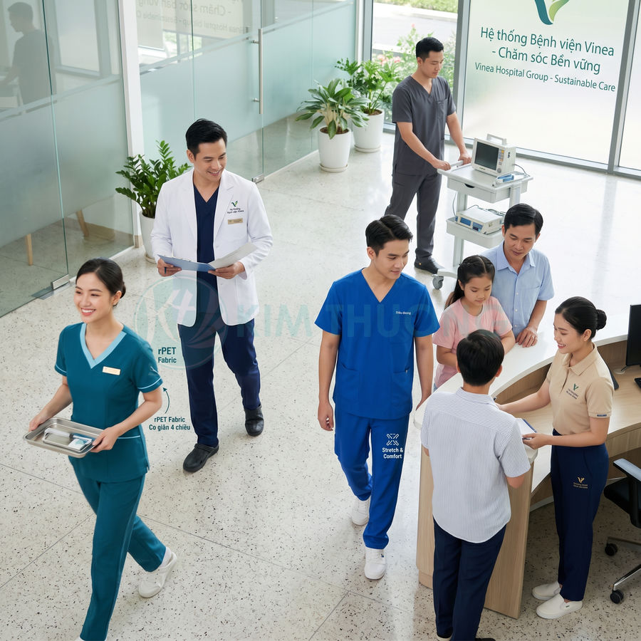 Nhân viên y tế bệnh viện Vinea mặc đồng phục y khoa tư vấn và hỗ trợ bệnh nhân tại sảnh chờ