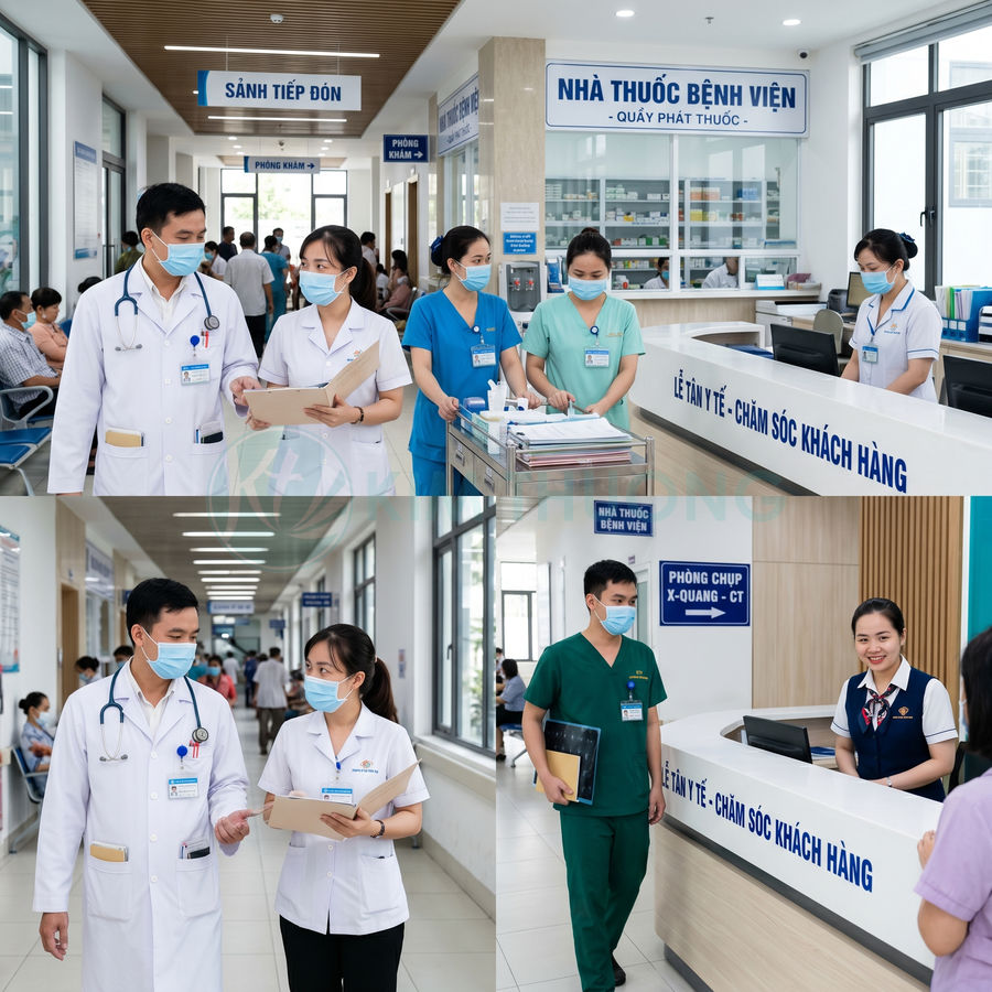 Đội ngũ bác sĩ y tá đeo khẩu trang làm việc tại quầy lễ tân và hành lang bệnh viện hiện đại
