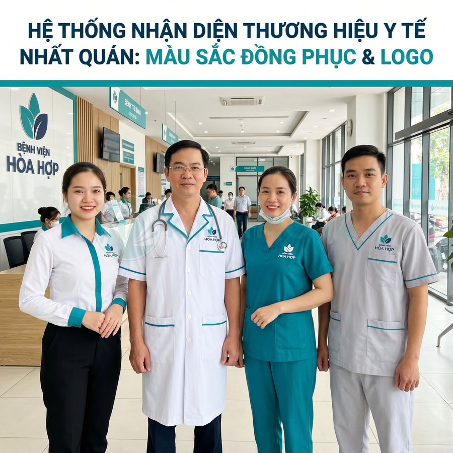 Đội ngũ bác sĩ y tá Bệnh viện Hòa Hợp trong đồng phục logo xanh trắng tại sảnh bệnh viện