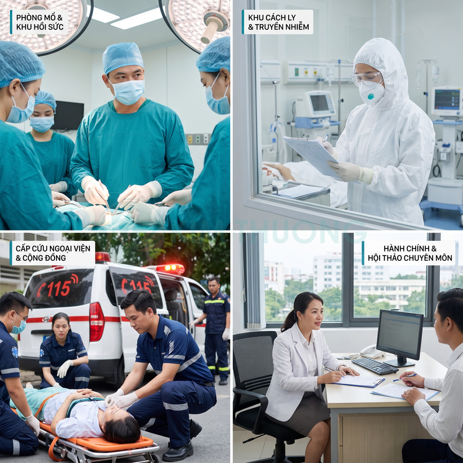 Các hoạt động y tế tại bệnh viện gồm phẫu thuật, cấp cứu ngoại viện, khu cách ly và tư vấn hành chính