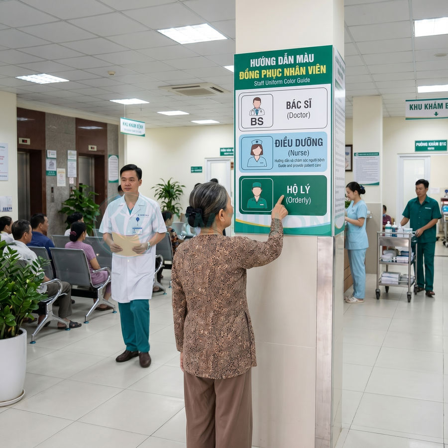 Bệnh nhân cao tuổi xem bảng hướng dẫn màu đồng phục bác sĩ điều dưỡng hộ lý trong sảnh chờ bệnh viện