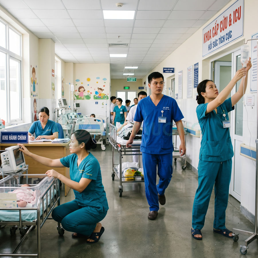 Bác sĩ và y tá chăm sóc bệnh nhi trong khoa cấp cứu ICU bệnh viện Việt Nam