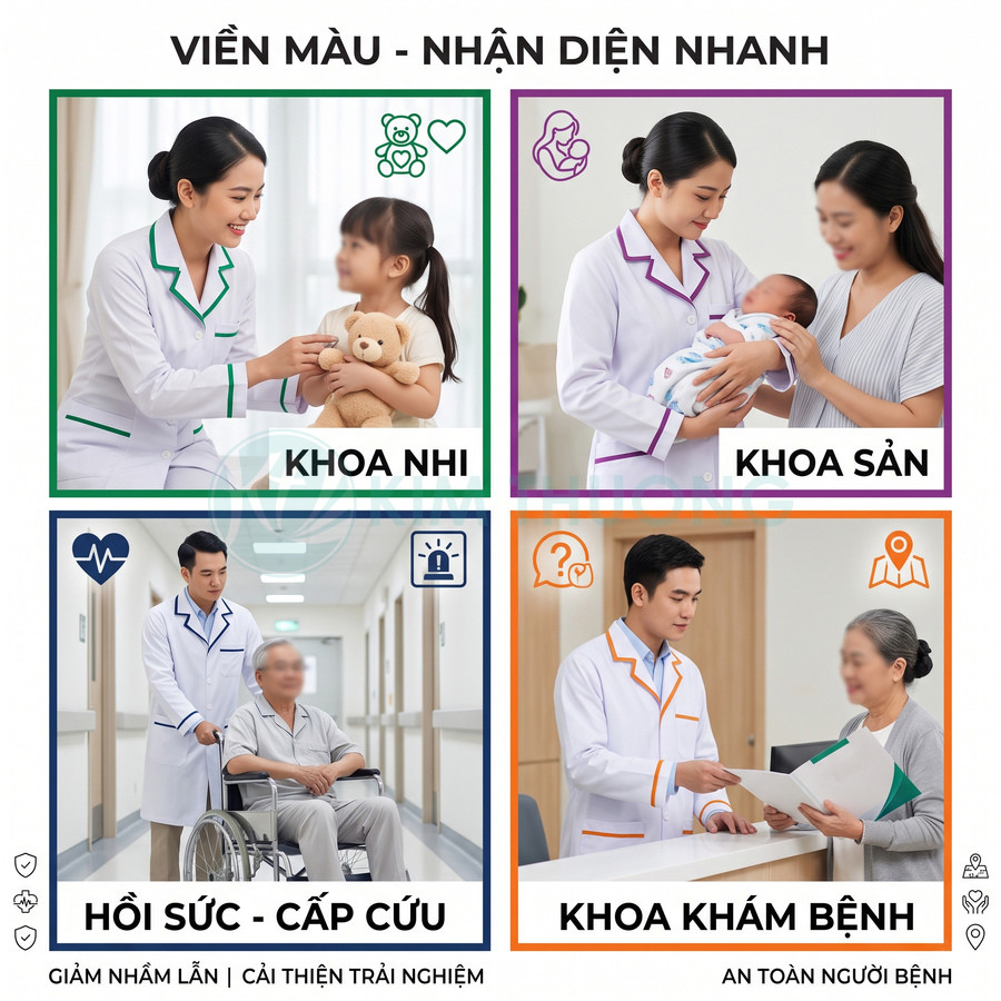 Bác sĩ bệnh viện mặc áo blouse viền màu khác nhau chăm sóc bệnh nhân tại khoa nhi, khoa sản, hồi sức cấp cứu và khoa khám bệnh