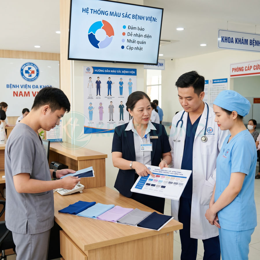 Nhân viên y tế bệnh viện chọn màu vải đồng phục y khoa trên bàn trưng bày mẫu vải