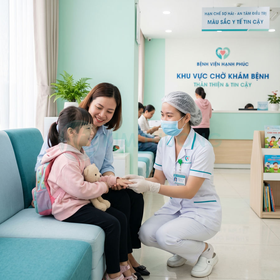 Y tá bệnh viện Hạnh Phúc tư vấn cho bé gái và mẹ tại khu vực chờ khám bệnh thân thiện