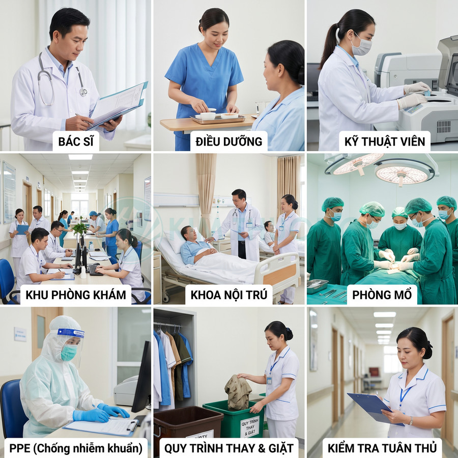 Nhân viên y tế bệnh viện thực hiện khám chữa bệnh, phẫu thuật, chăm sóc nội trú và tuân thủ quy trình kiểm soát nhiễm khuẩn