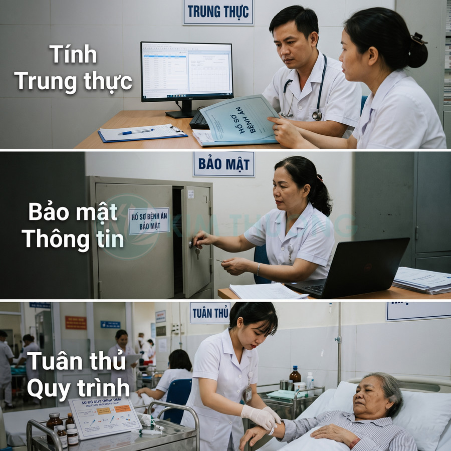 Nhân viên y tế làm hồ sơ bệnh án, bảo mật thông tin và chăm sóc bệnh nhân cao tuổi trên giường bệnh