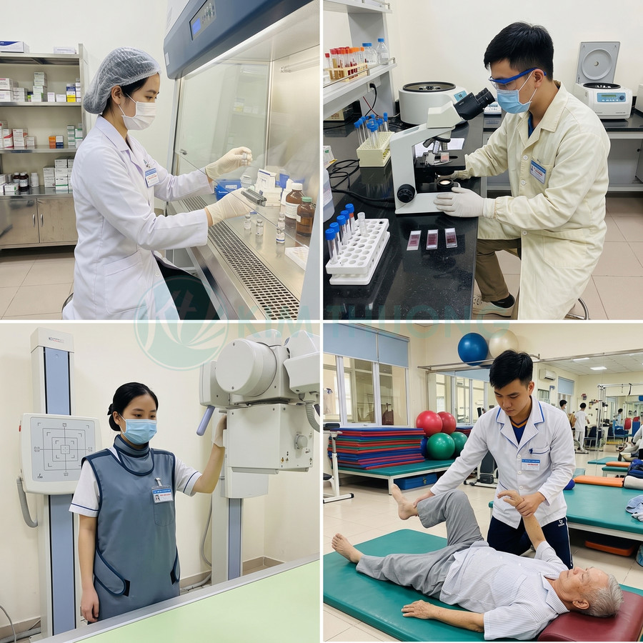 Nhân viên y tế sử dụng thiết bị xét nghiệm, chụp X quang và hỗ trợ vật lý trị liệu cho bệnh nhân trong bệnh viện