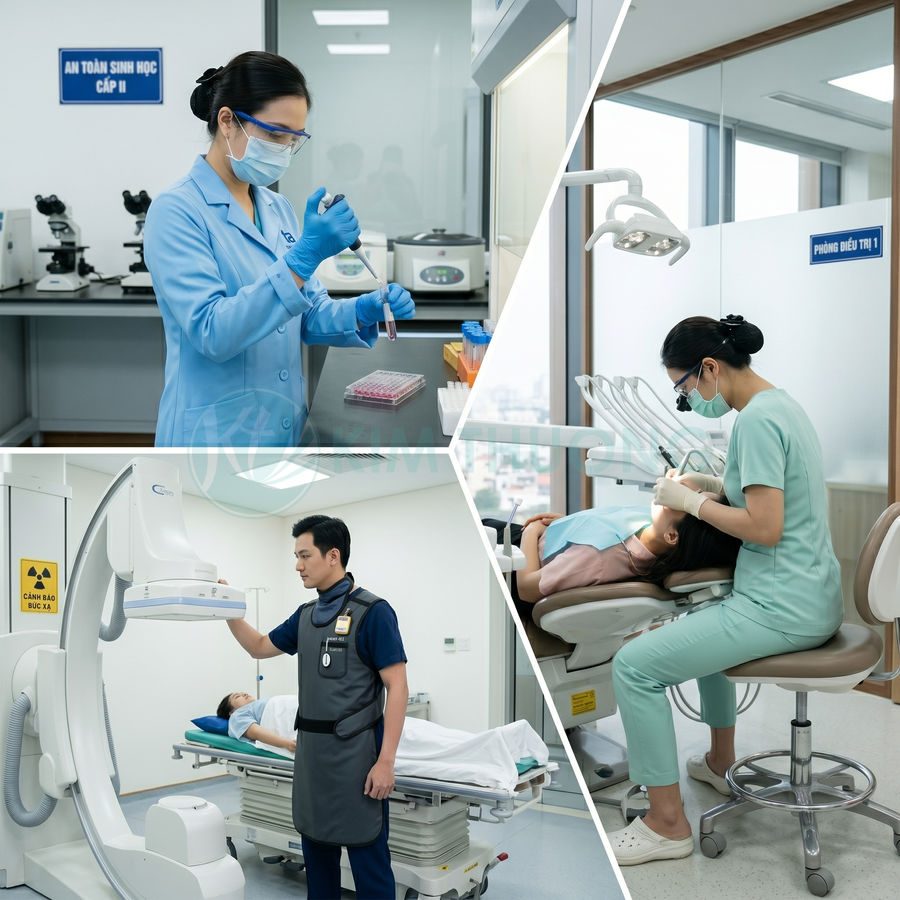 Nhân viên y tế làm xét nghiệm, chụp X quang và điều trị nha khoa cho bệnh nhân trong bệnh viện hiện đại