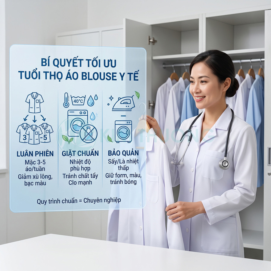 Bác sĩ nữ mặc áo blouse trắng hướng dẫn cách giặt và bảo quản áo blouse y tế trong phòng thay đồ