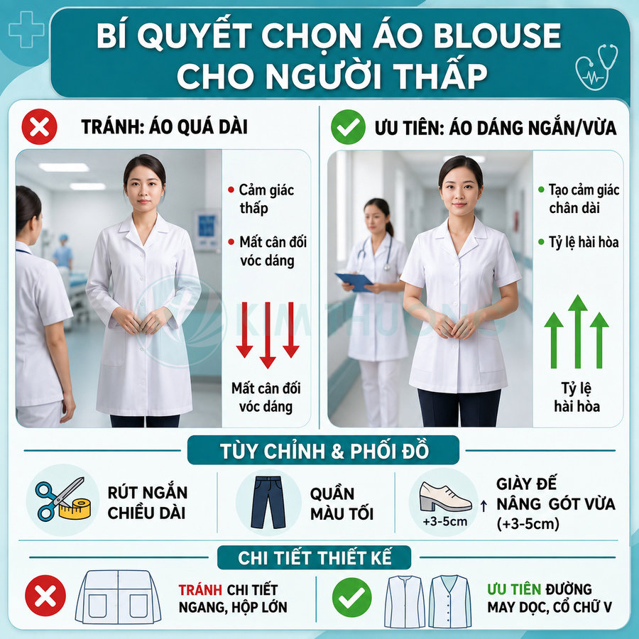 Hướng dẫn chọn áo blouse y tế dáng ngắn vừa cho người thấp với gợi ý phối quần tối màu và giày đế cao