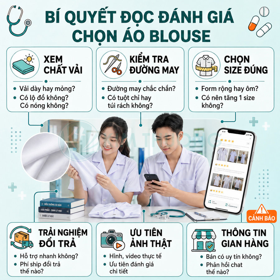 Sinh viên y khoa mặc áo blouse trắng xem chất vải và đánh giá áo blouse trên điện thoại
